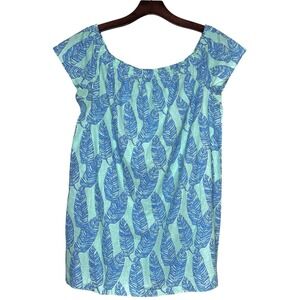 Vineyard Vines Dress XL‎ Green Blue Palm Print Off Shoulder Linen Blend Hamptons